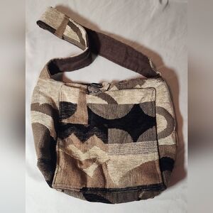Brown And Tan Fabric Shoulder Bag Single Button Closure